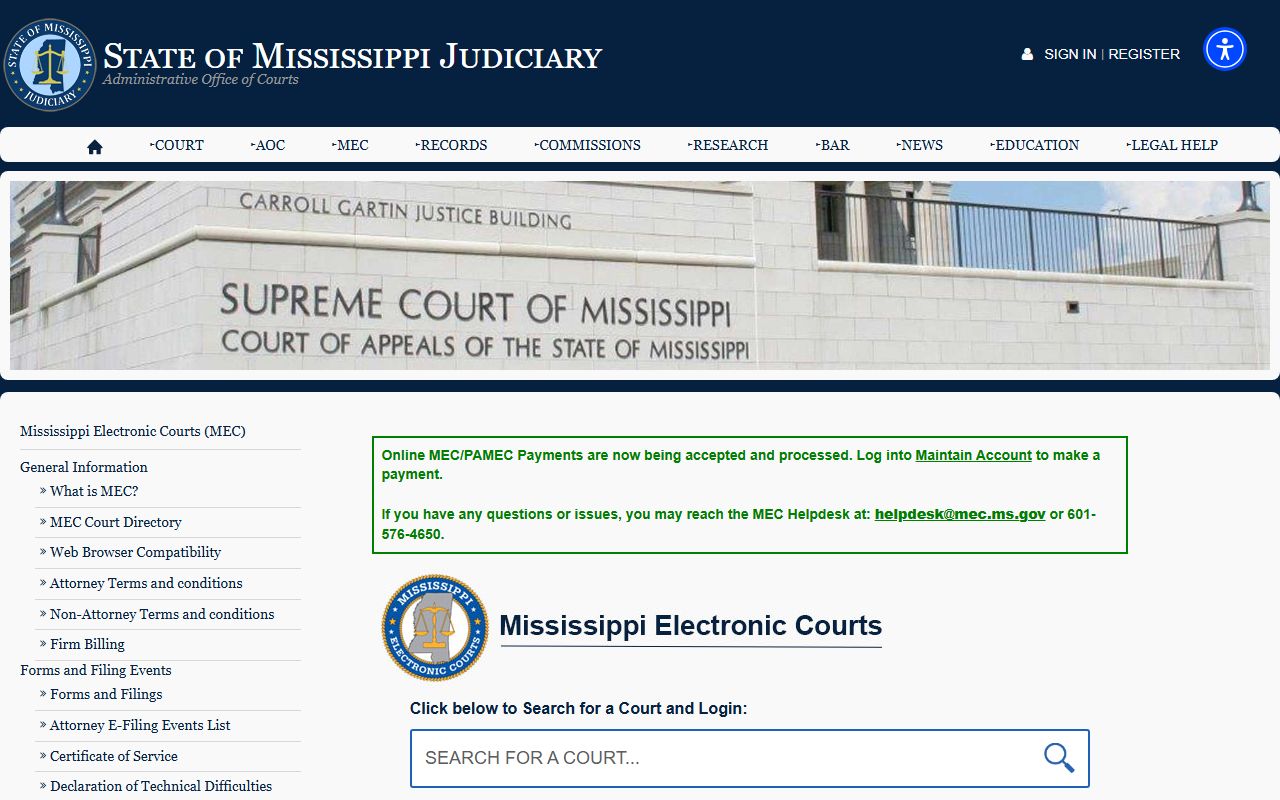 Mississippi Electronic Courts access for Tunica County court records after arrest