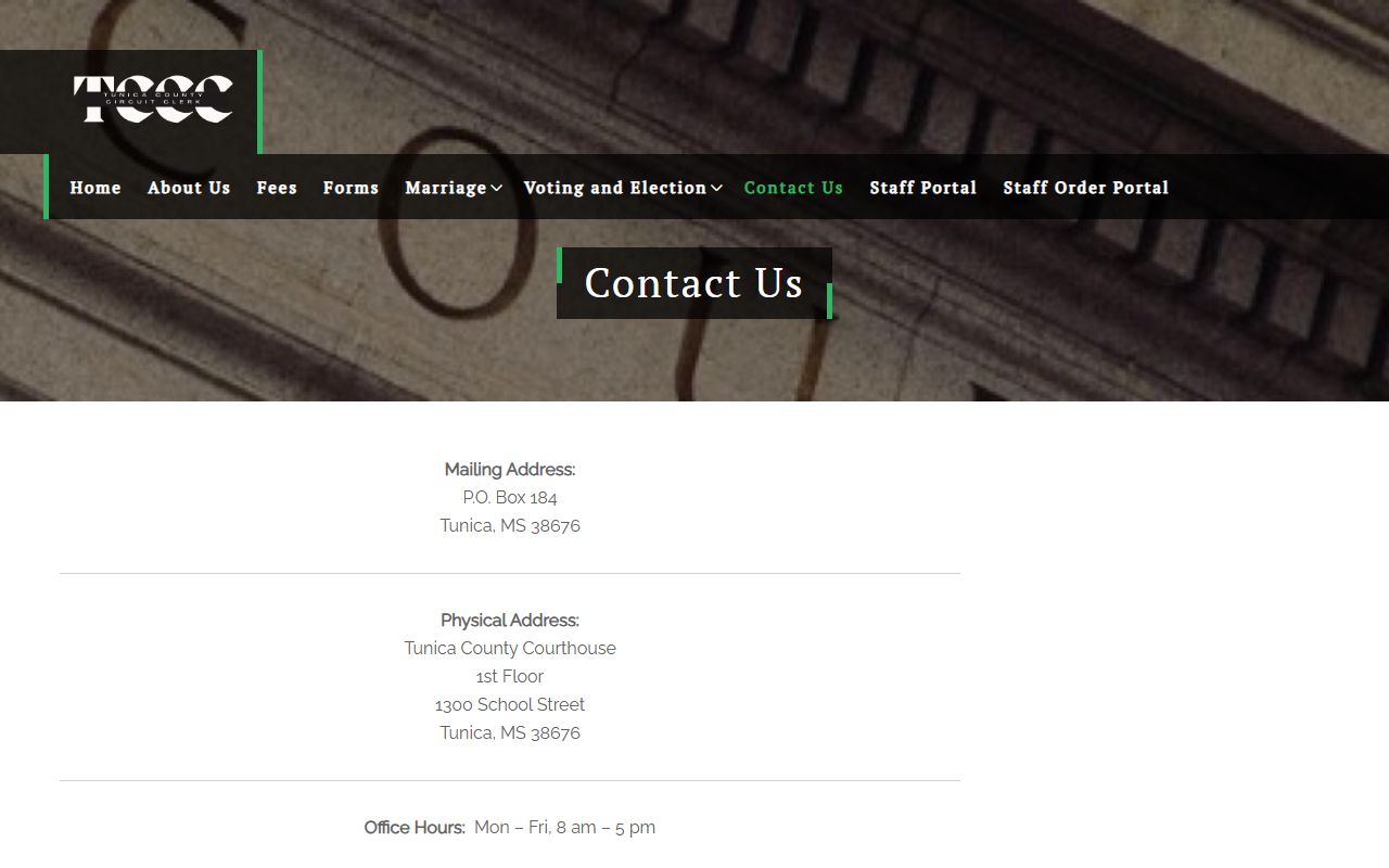 Tunica County court records clerk contact page after jail arrest